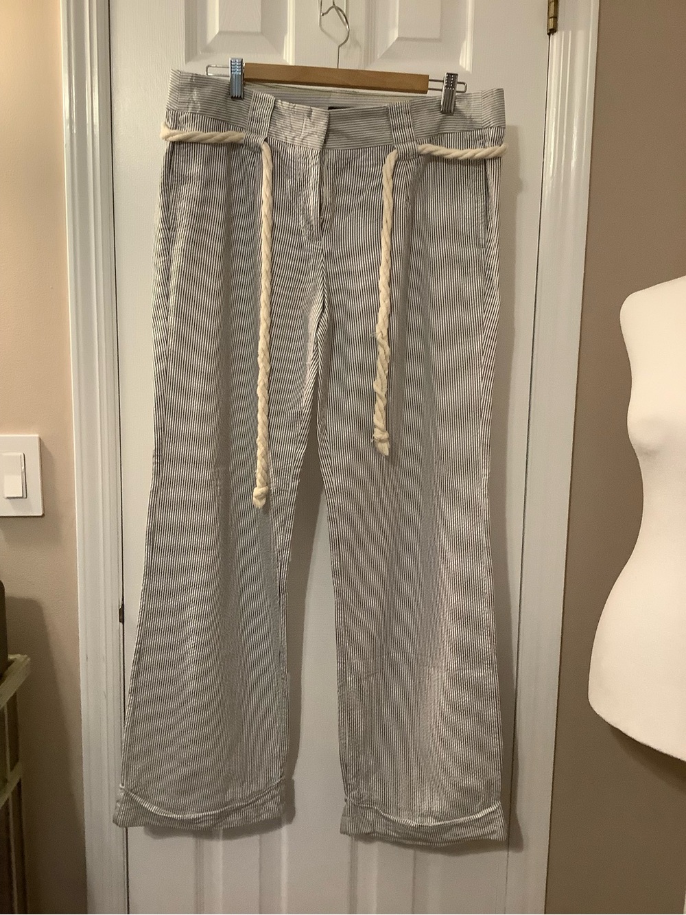 J. Crew Striped Seersucker Chinos with Rope Tie in Cream and Gray